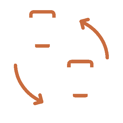 Two white briefcase icons with orange handles and clasps, connected by curved orange arrows forming a circular flow.