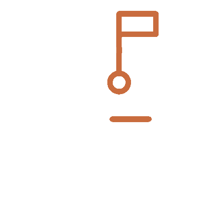 White outline of a classic mailbox with a raised orange flag and horizontal slot, set against a black background.